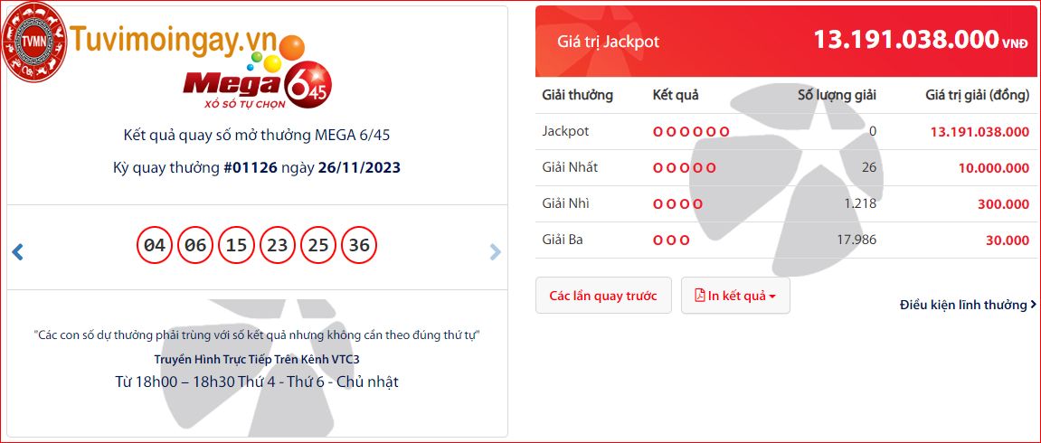 KQmega 645 vietlott Chủ Nhật 26/11/2023 - KQXSMEGA - kết quả vé số tự chọn vietlott mega 6/45  hôm nay