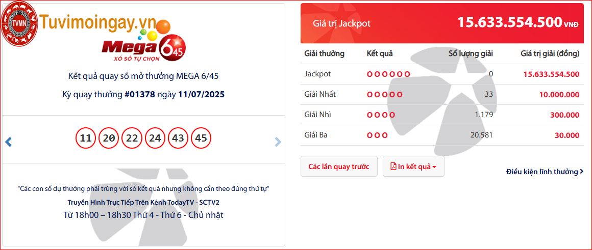 KQ mega 645 vietlott hôm nay 11/7/2025 - KQXS MEGA 645  kết quả vé số tự chọn vietlott mega 6/45 thứ 6