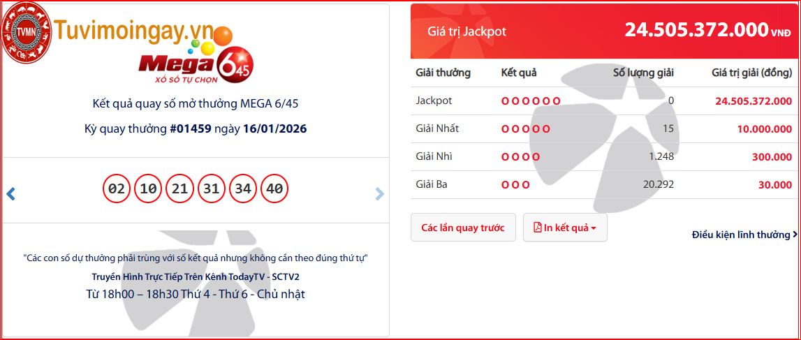 KQXS MEGA 16/1/2026 - mega 645 vietlott  Kết Quả Xổ Số VietLott Mega 6/45 thứ 6 hôm nay