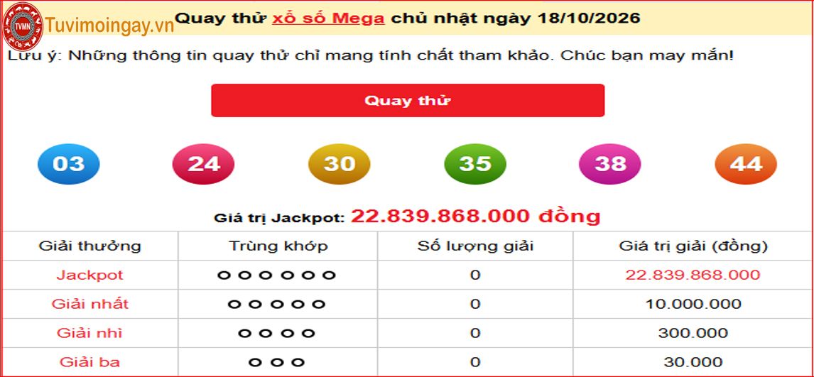 Quay thử kq mega vietlott 645 hom nay 18/10/2026 - QTXS MEGA - kết quả vé số tự chọn vietlott mega 6/45 Chủ Nhật Quay thử kq mega vietlott 645 hom nay 18/10/2026 - QTXS MEGA - kết quả vé số tự chọn vietlott mega 6/45 Chủ Nhật