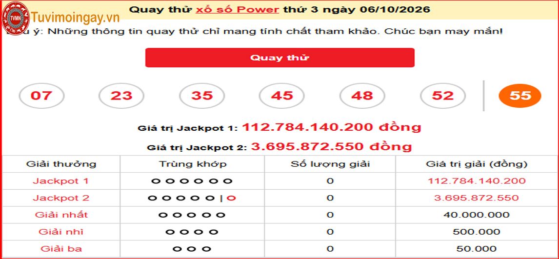 Quay Thử KQ XS VL Power 6/55 thứ 3 hôm nay 6/10/2026 - Quay thử xổ số Power 6/55 xổ số tự chọn Vietlott